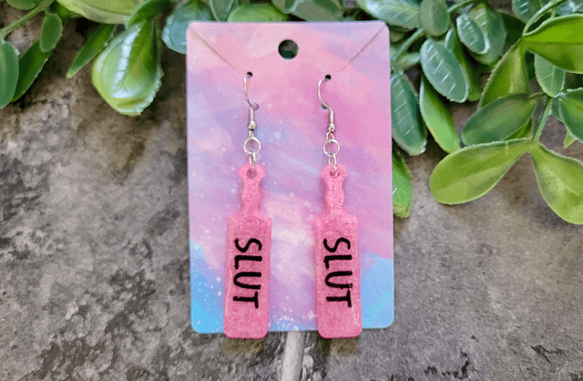 Earrings | SLUT Paddle Earrings Light Pink Glitter | Stainless Steel Hooks