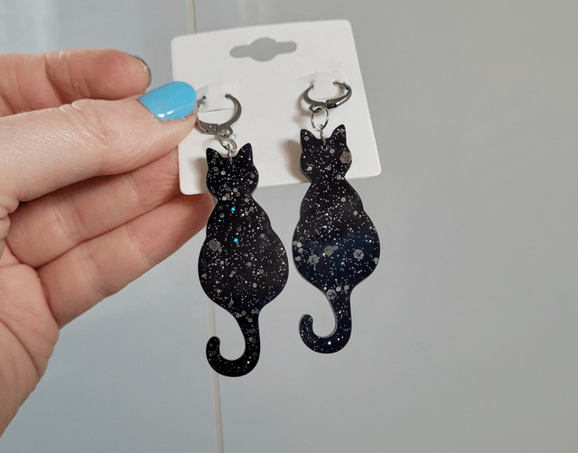 Earrings | Black Cats Sitting with Silver Glitter Sparkle | Witch Cat Stainless Steel Hoops