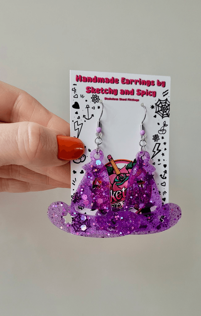 Earrings | Purple Glitter Witch Hat | Stainless Steel Hooks