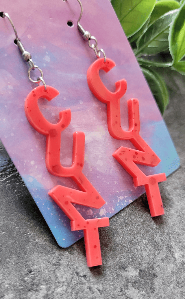 Earrings- Light Red Glitter CUNT Swear Earrings | Stainless Steel Shepherd Hooks