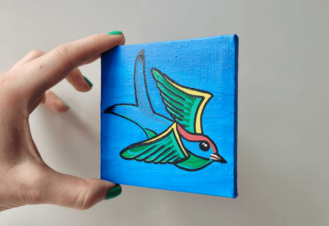 Original Mini Canvas Painting – Blue Swallow - Tattoo Style