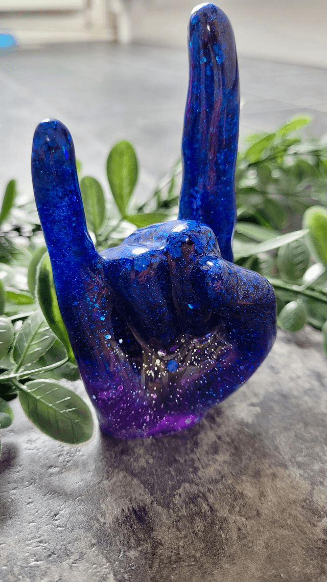 Rock On Hand Ornament – Blue & Purple, Silver Glitter - Ring Holder