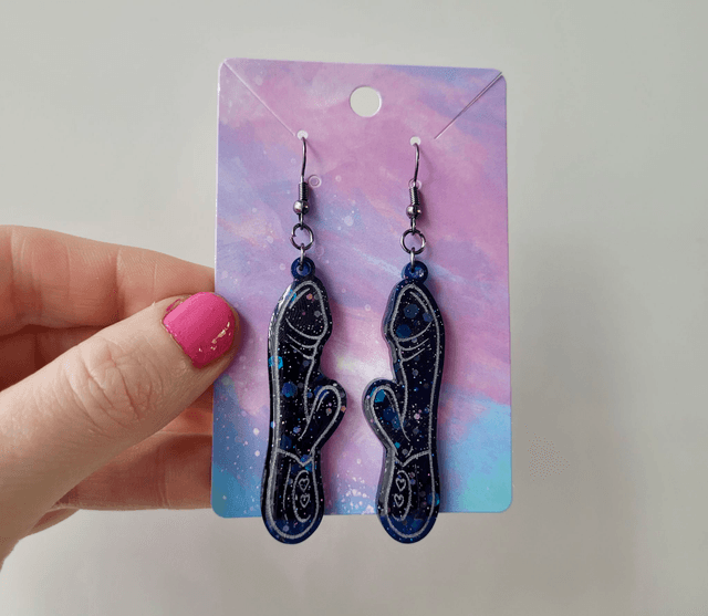 Earrings | Midnight Navy Blue Black Glitter Rabbit Vibrator Earrings | Stainless Steel Hooks