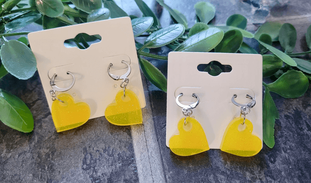 Earrings | Zesty Lemon Yellow Glitter Hearts | Stainless Steel Hoops