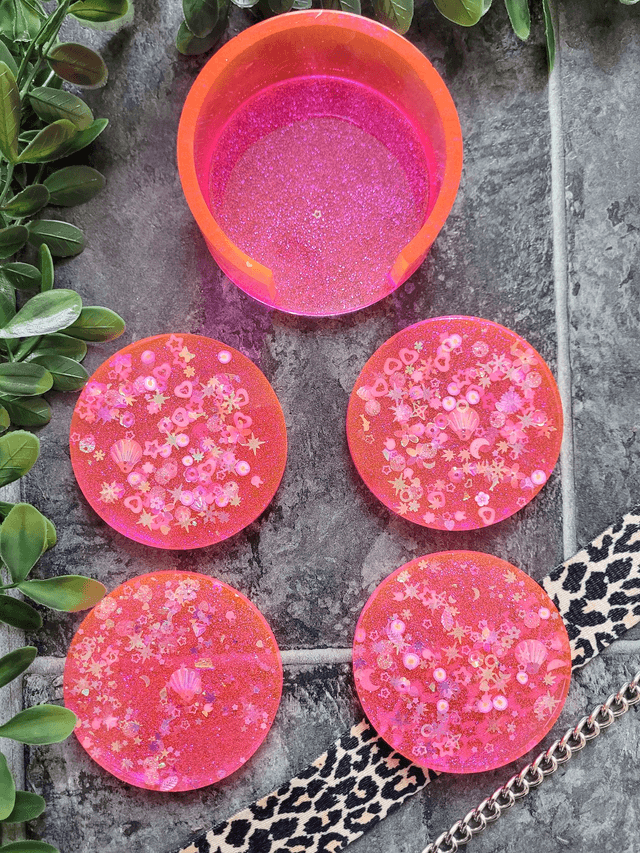 Coasters Set of 4 with Holder - Pink Glitter