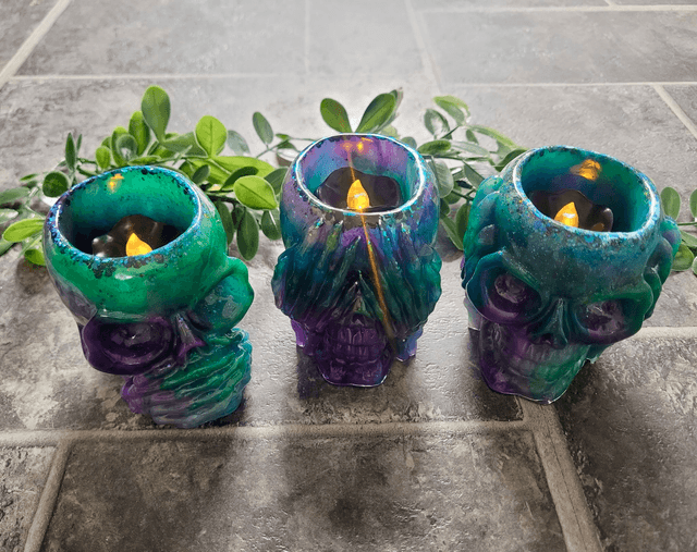 See No Evil, Hear No Evil, Speak No Evil - Set of 3 Skull Tea Light Candle Holders | Purple & Green Glitter