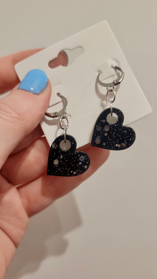 Earrings | Black Glitter Hearts | Stainless Steel Hoops