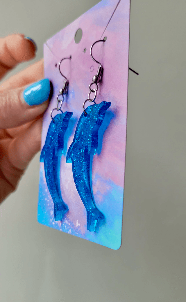 Earrings | Blue Glitter Dolphins | Stainless Steel Hooks