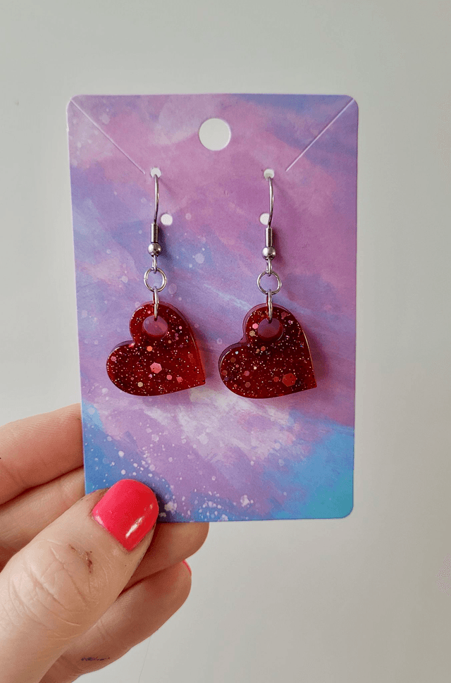 Earrings | Dark Wine Red Glitter Hearts | Stainless Steel Hoops or Hooks