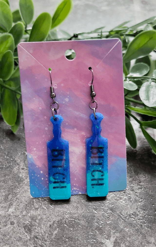 Earrings | Dark Blue-Light Blue Holographic Glitter BITCH earrings  | Stainless Steel Gunmetal Black Hooks