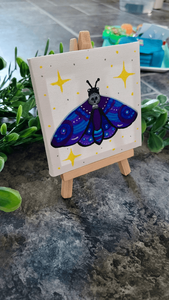 Original Mini Canvas Painting – Deathmoth Gothic Skull Moth Mini Canvas Art – Blue