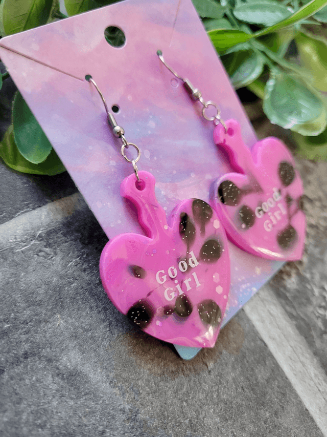Earrings | Good Girl Heart Paddle Earrings - Pink and Black Swirl Glitter  | Stainless Steel Hooks