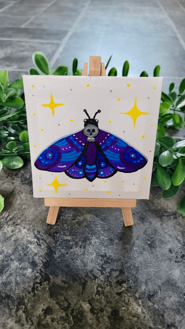 Original Mini Canvas Painting – Deathmoth Gothic Skull Moth Mini Canvas Art – Blue