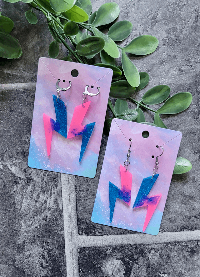Earrings | Pink & Blue Glitter Lightning Bolt | Stainless Steel Hoops or Hooks
