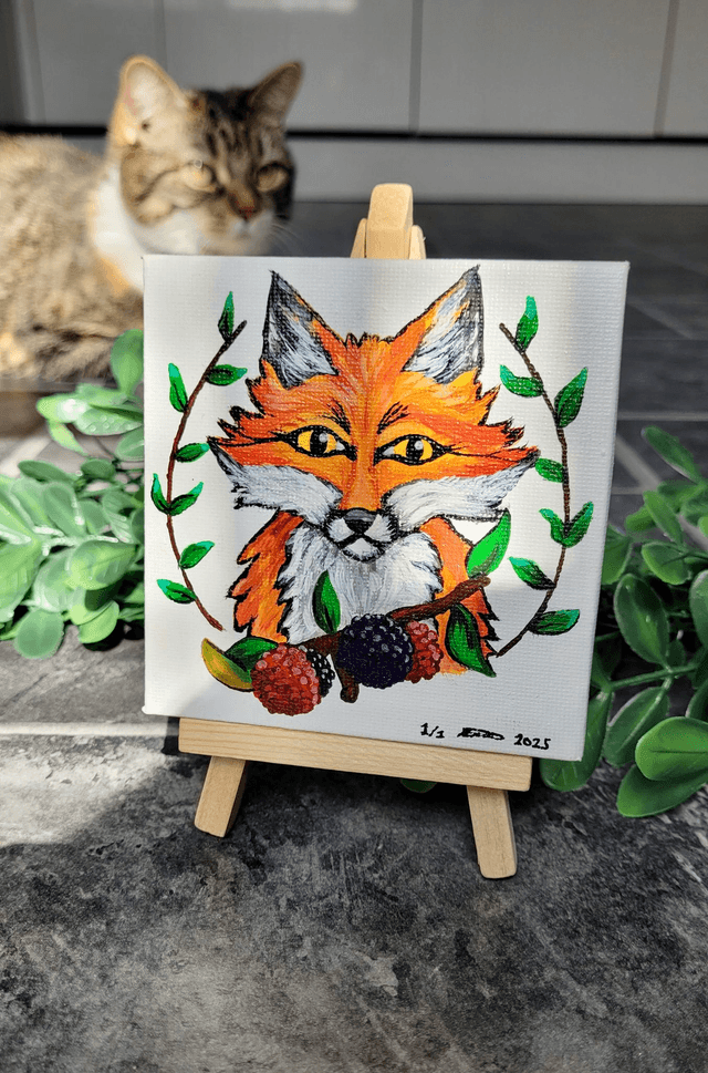 Original Mini Canvas Painting – Fox, Berries and Brambles
