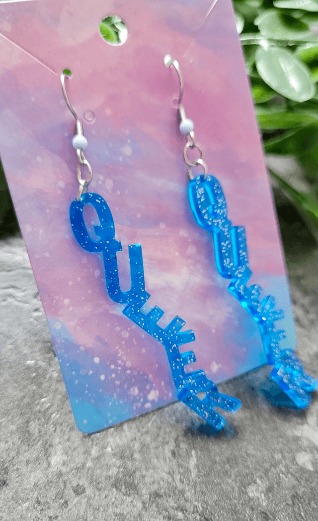 Earrings- Blue & Silver Glitter QUEER Earrings | Stainless Steel Beaded Hooks