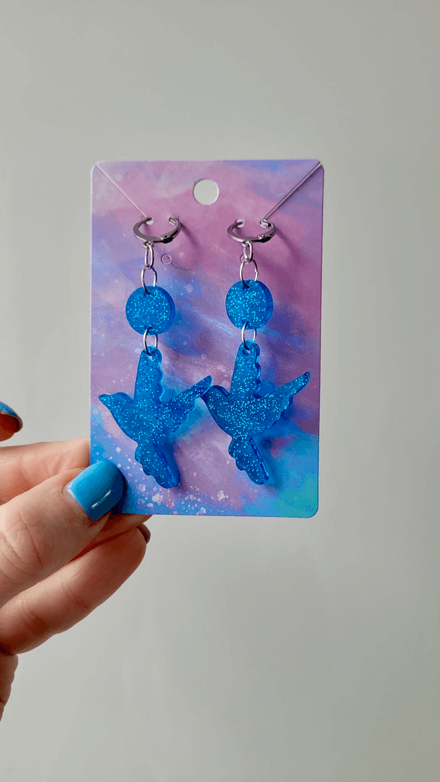 Earrings | Blue Glitter Swallow Birds | Stainless Steel Hoops