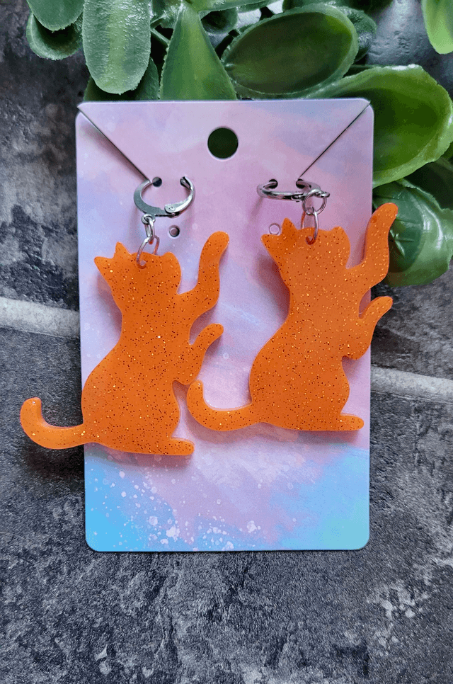 Earrings | Orange Glitter Ginger Cats Reaching | Cat Stainless Steel Hoops or Hooks