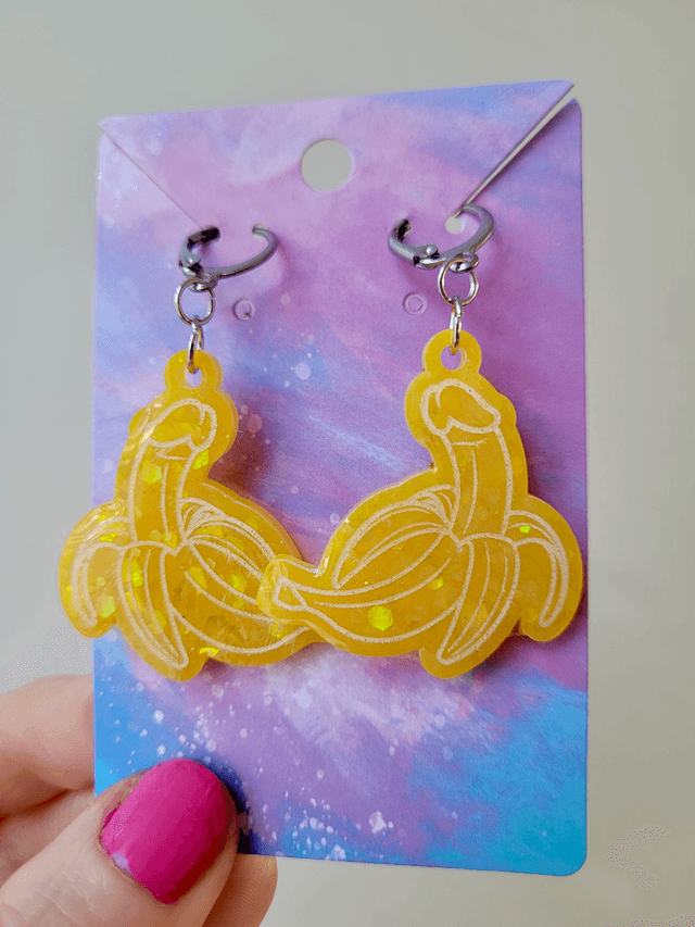 Earrings | Yellow Glitter Penis Bananas - Various Designs & Fittings | Stainless Steel Hooks or Hoops