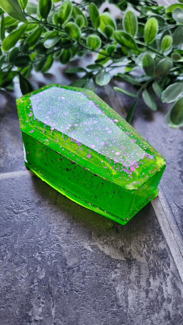 Coffin Trinket Box - Bright Green and Lilac Glitter