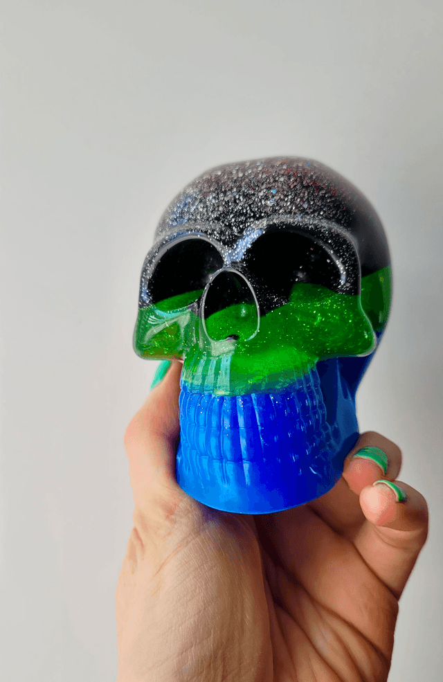 Skull Ornament - Large - Green, Blue Black Glitter Stripes