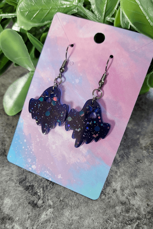 Earrings | Angry Ghost - Navy Blue-Black Glitter | Gunmetal Stainless Steel Hooks