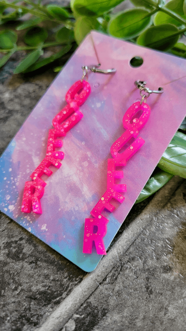 Earrings- Bright Pink Glitter QUEER Earrings | Stainless Steel Leverback Hoops