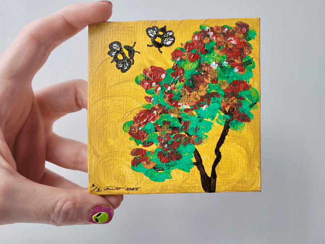 Original Mini Canvas Painting – Tree & Bees on Golden Background