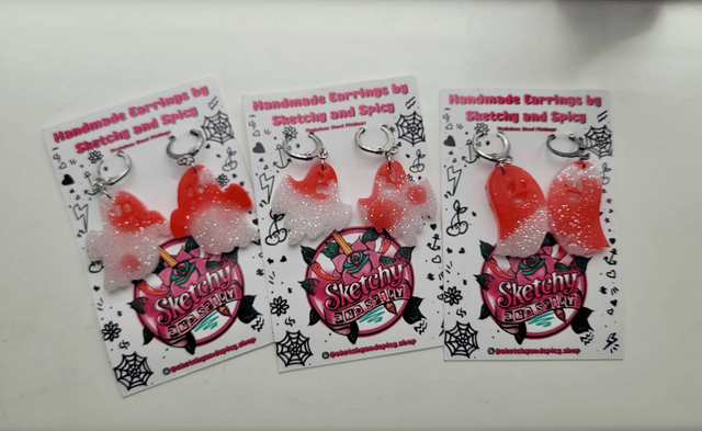 Earrings | Red and White Bloody Ghost Earrings with Silver Glitter | Stainless Steel Leverback Hoops