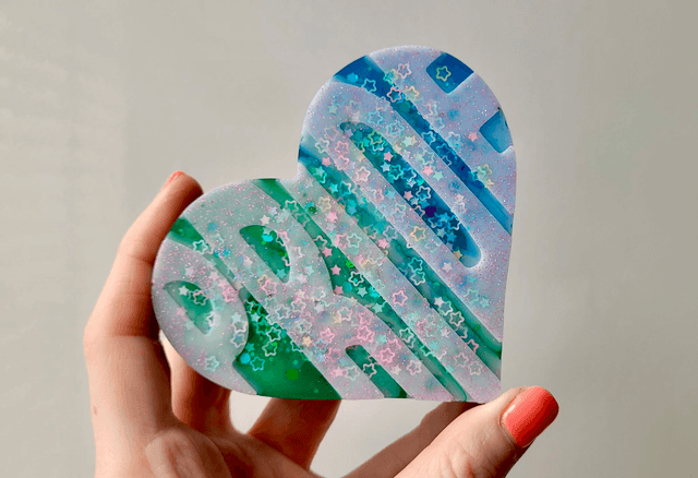 PRIDE Heart -  White Lettering & Stars, Green & Blue Heart