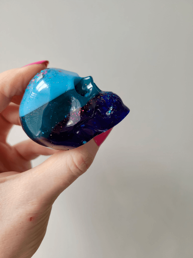 Skull Ornament - Medium -  Blue Striped Gradient with Glitter