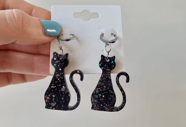Earrings | Black Cats Sitting with tail up - with Silver Glitter Sparkle | Witch Cat Stainless Steel Hoops