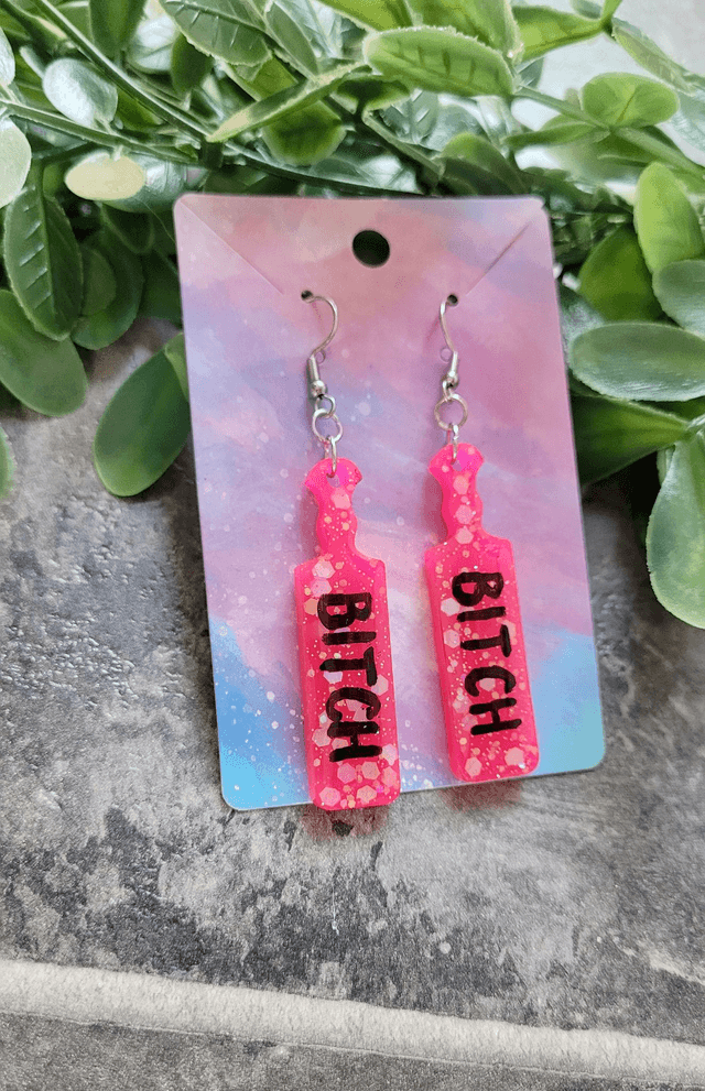 Earrings | Bright Pink Glitter BITCH Earrings | Stainless Steel Hooks