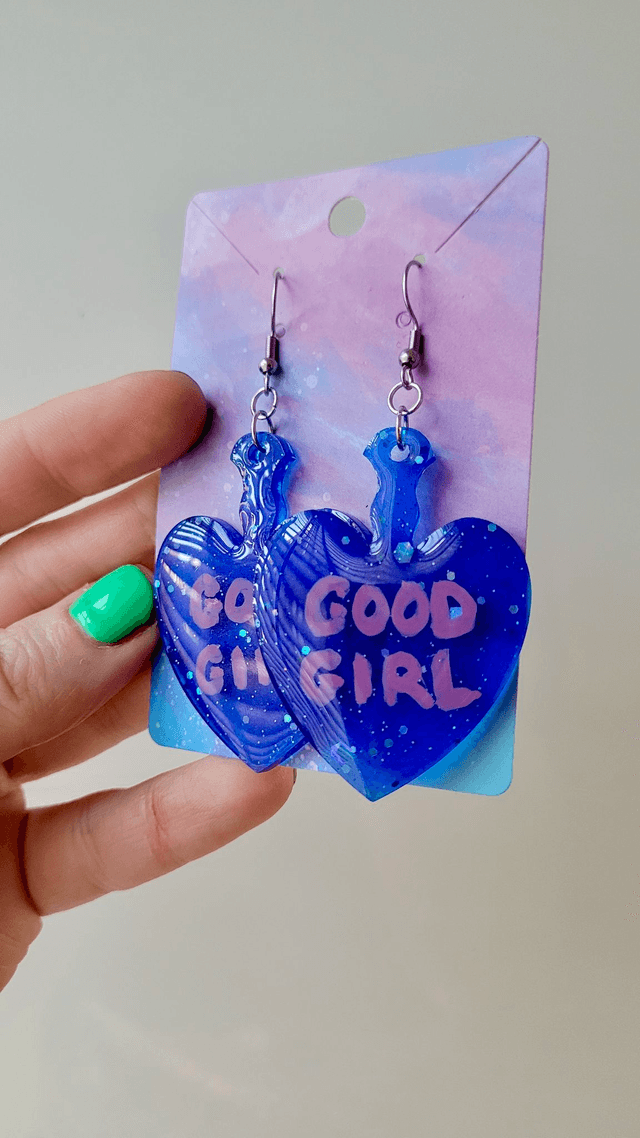 Earrings | GOOD GIRL Dark Blue Glitter Heart Paddle Earrings - Pink and Black Swirl Glitter  | Stainless Steel Hooks