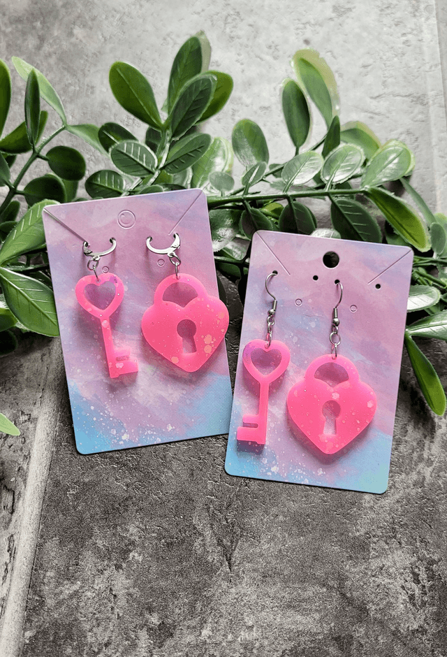 Earrings | Bright Neon Pink Glitter Heart Lock and Key | Stainless Steel Hoops
