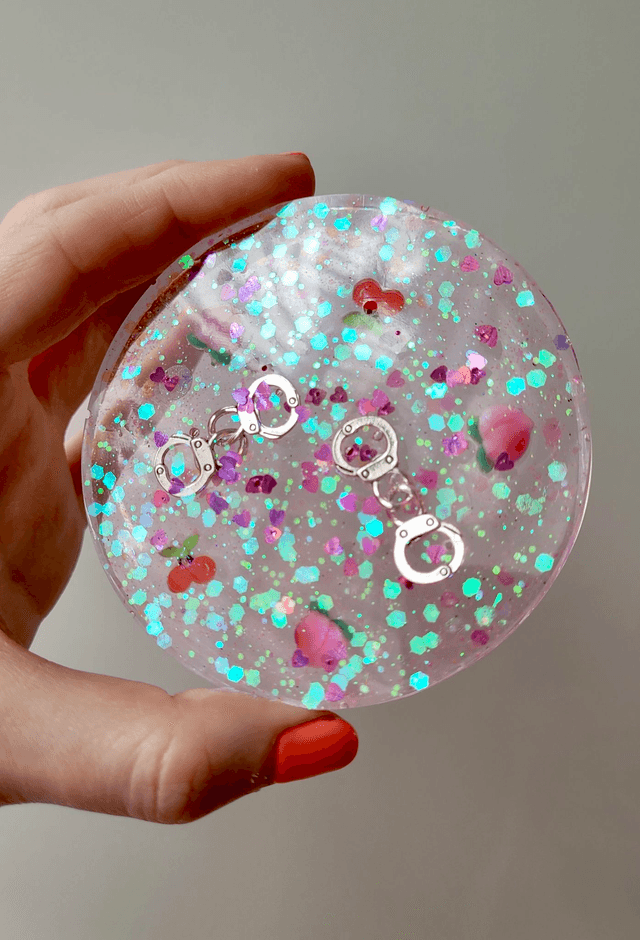 Coaster -Pink Glitter - Peaches, Cherries & Handcuffs