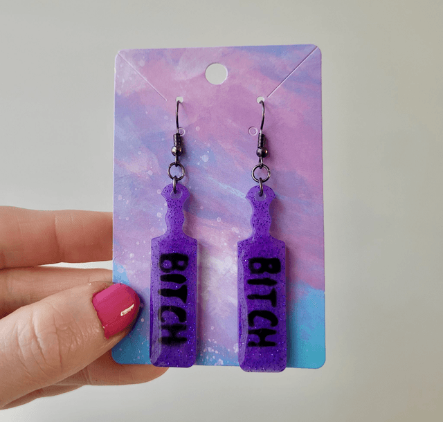 Earrings | Glitter Purple BITCH earrings  | Stainless Steel Gunmetal Black Hooks