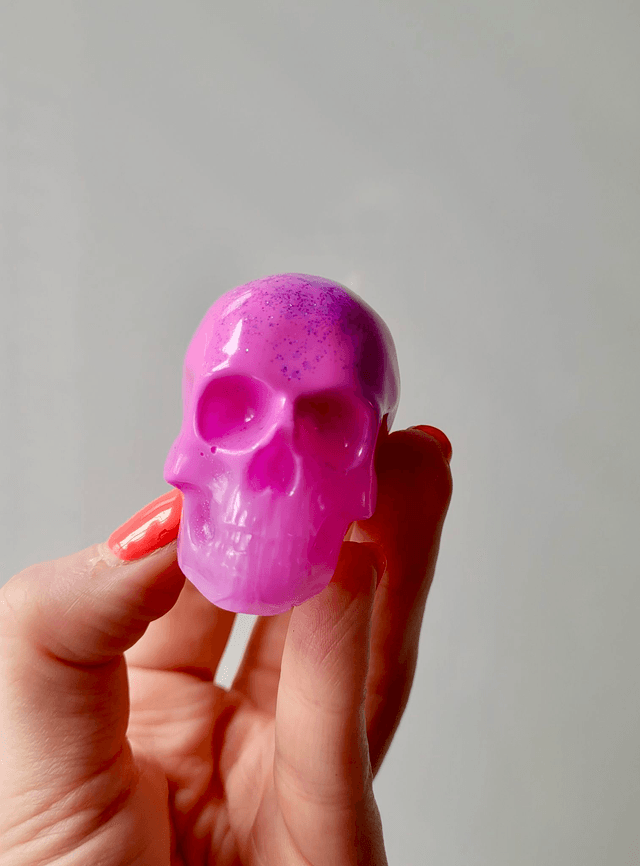Skull Ornament - Medium - Pink with Purple Glitter