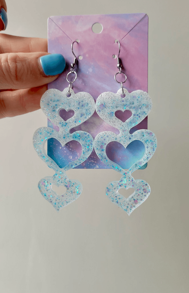 Earrings | Blue-White Glitter Triple Heart Drop | Stainless Steel Hooks