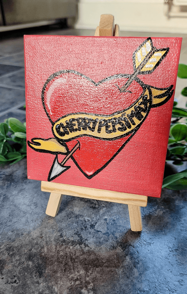 Original Mini Canvas Painting – Cherry Pepsi Max Tattoo Heart & Arrow with Scroll