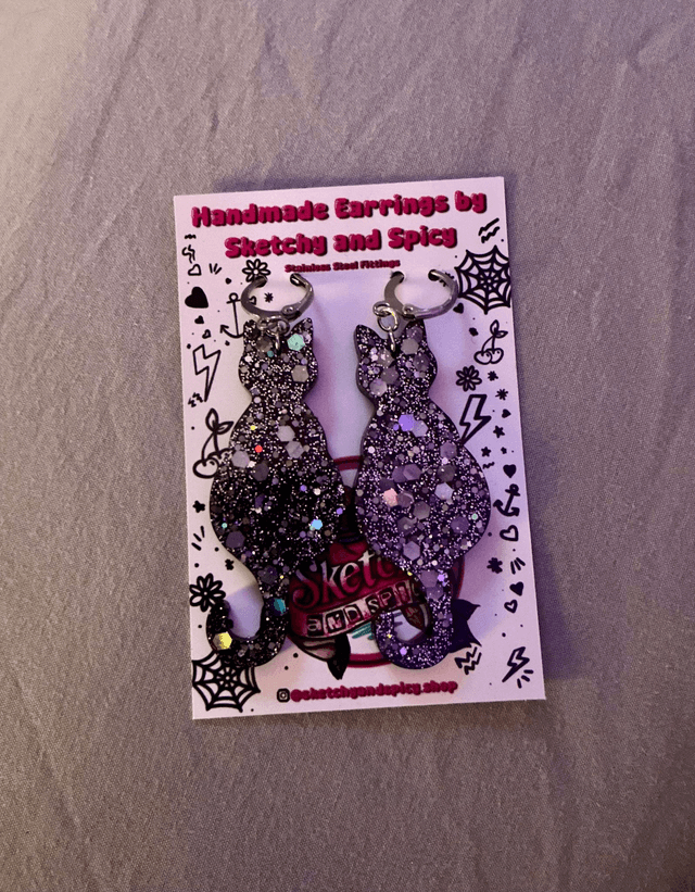 Earrings | Black Cats Sitting with Silver Glitter Sparkle | Witch Cat Stainless Steel Hoops