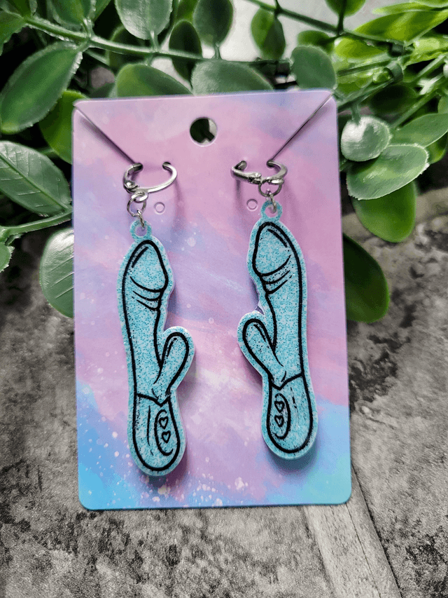 Earrings | Light Blue Glitter Rabbit Vibrator Earrings | Stainless Steel Hoops