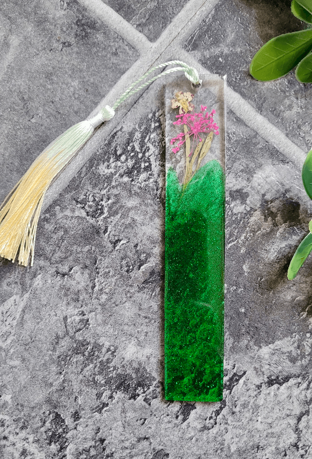 Green Glitter Floral Bookmark - Dried Flowers