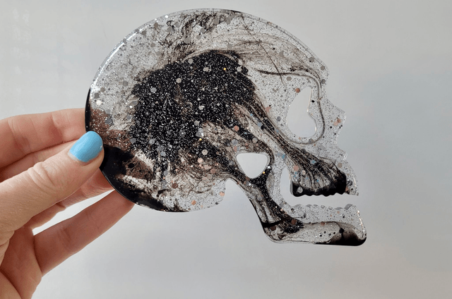Coasters Set of 4 with Holder - Skull Coasters with Silver Glitter and Black Swirls