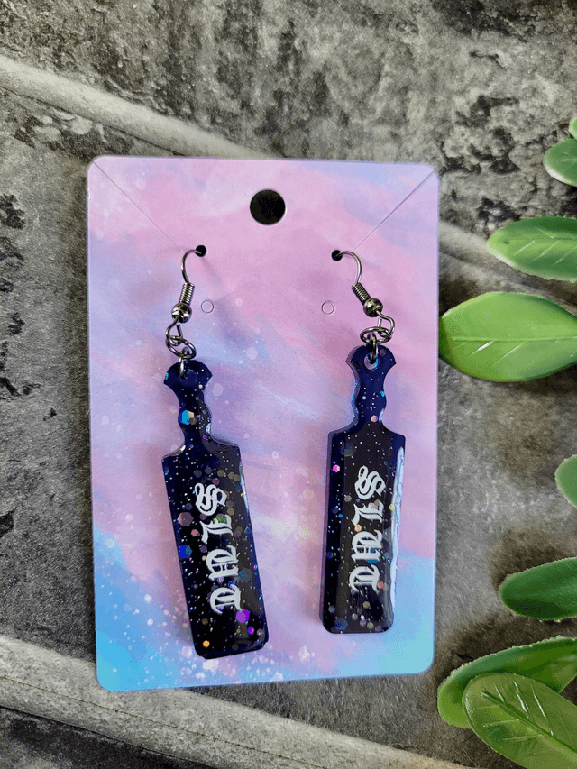 Earrings | Slut Mini Paddle Earrings – Black-Blue Glitter - Old English Font | Stainless Steel Hooks