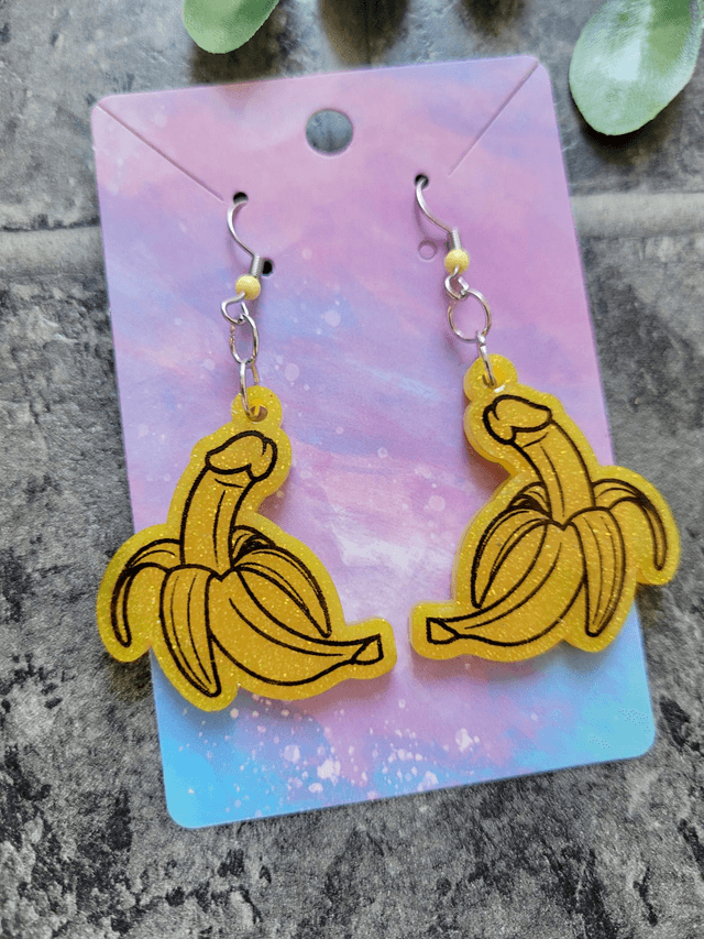 Earrings | Yellow Glitter Penis Bananas - Various Designs & Fittings | Stainless Steel Hooks or Hoops