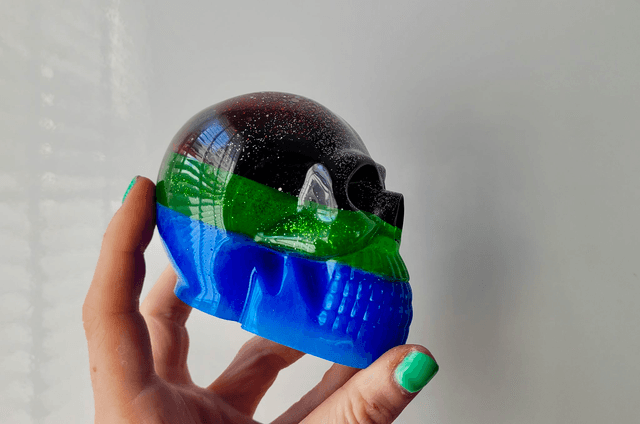 Skull Ornament - Large - Green, Blue Black Glitter Stripes