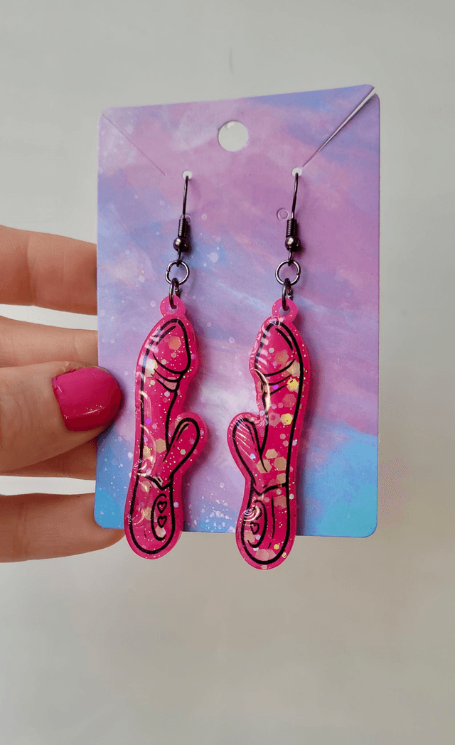 Earrings | Bright Pink Glitter Rabbit Vibrator Earrings | Stainless Steel Hooks