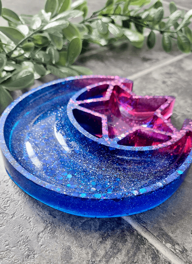 Trinket Tray - Celestial Moon & Star Dish - Blue & Pink