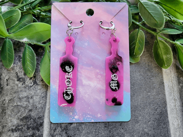 Earrings | Pink and Black Glitter Swirl Paddle Earings with the words Choke Me | Stainless Steel Leverback Hoops